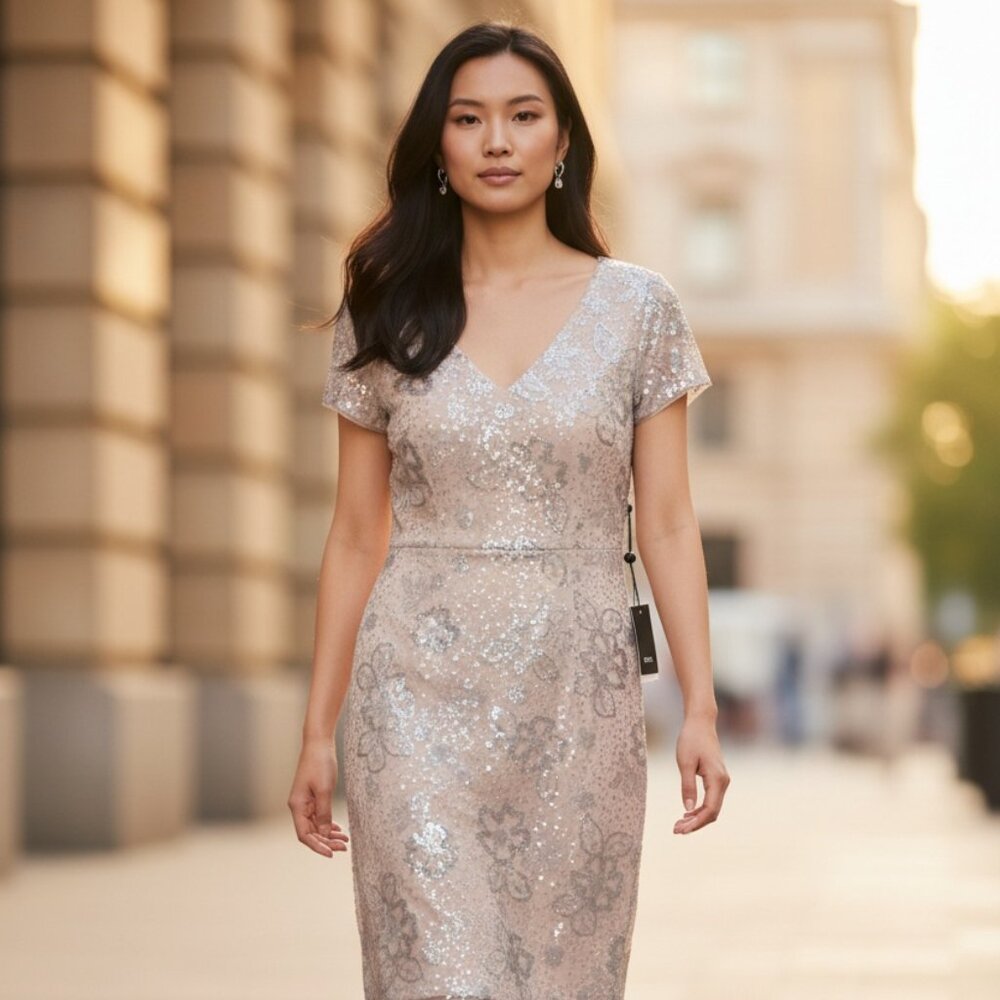 Elegant Sequined V-Neck Sheath Dress in Champagne
